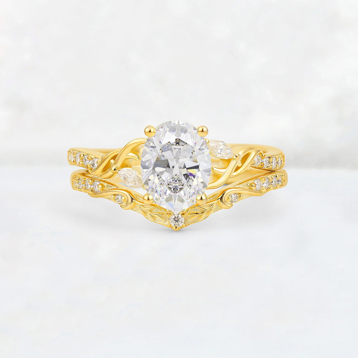 Oval Cut Moissanite Wedding Ring Set with Leaf and Vine Detail - Yellow-Gold