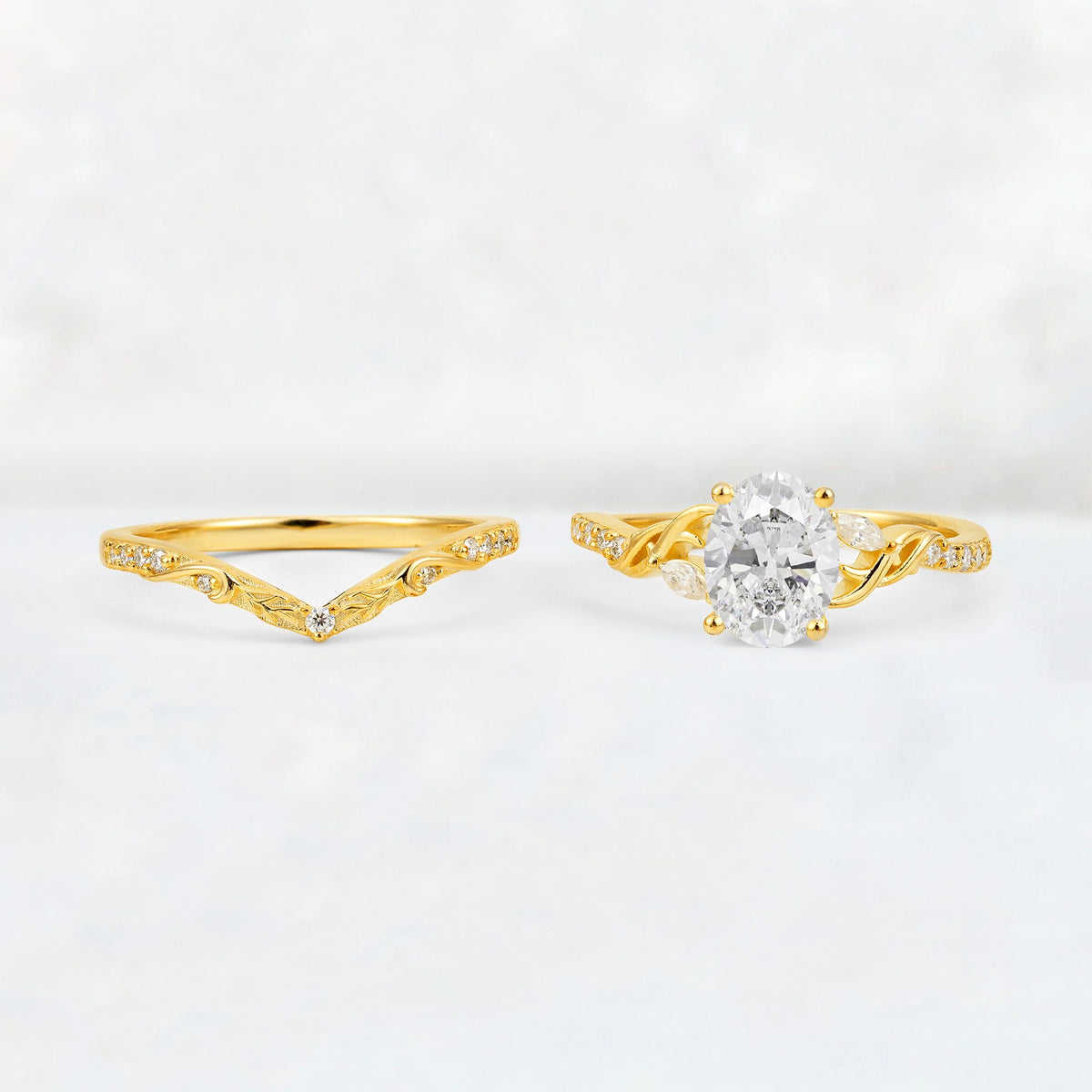 Oval Cut Moissanite Wedding Ring Set with Leaf and Vine Detail - White-Gold