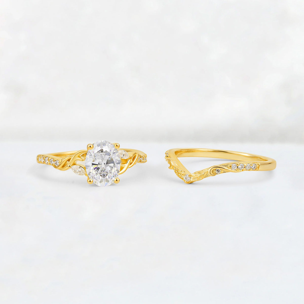 Oval Cut Moissanite Wedding Ring Set with Leaf and Vine Detail - Additional view
