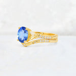 Oval Cut Sapphire Wedding Ring Set with Leaf and Vine Detail - Rose-Gold