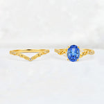 Oval Cut Sapphire Wedding Ring Set with Leaf and Vine Detail - White-Gold