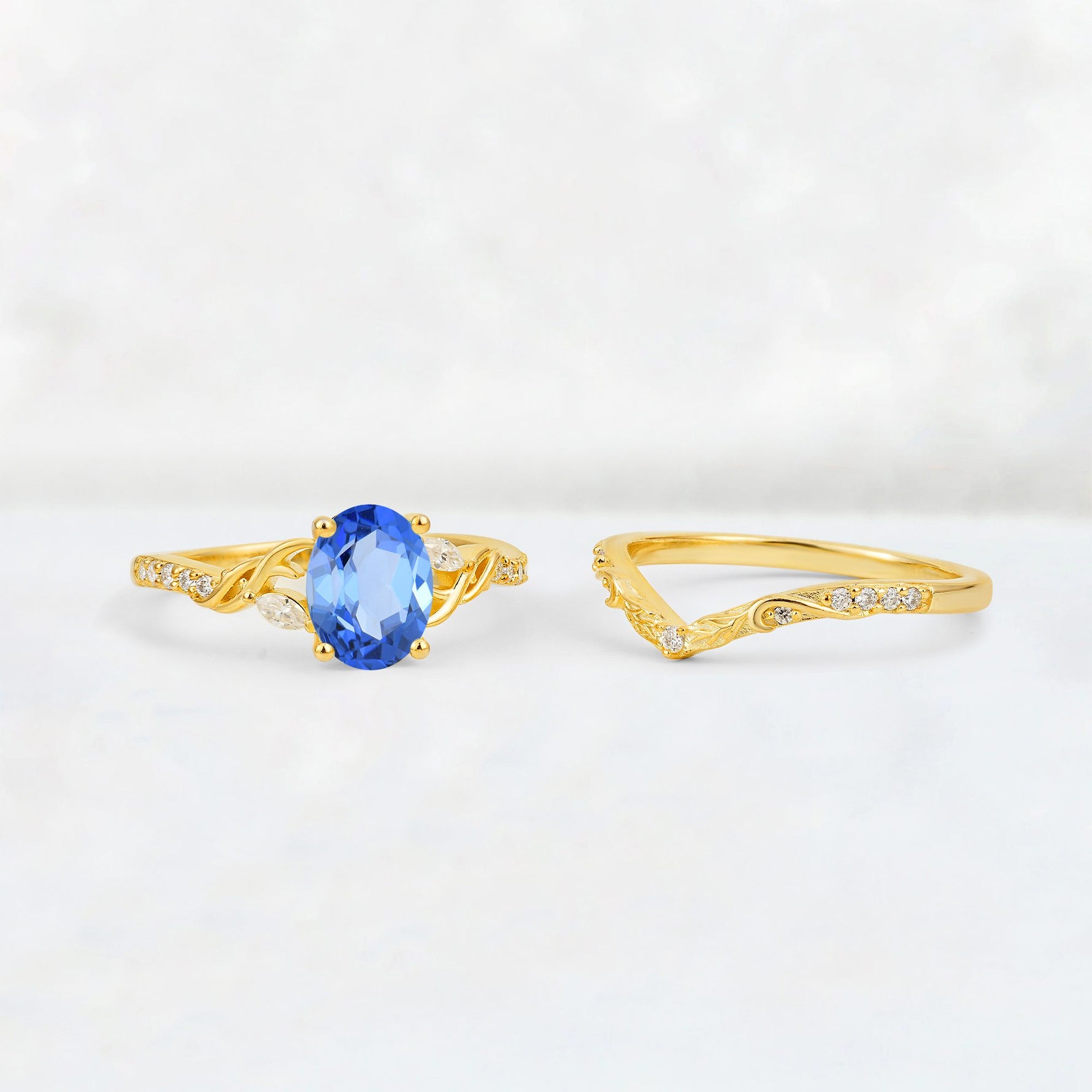 Oval Cut Sapphire Wedding Ring Set with Leaf and Vine Detail - Additional view