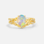Oval Cut Fire Opal Wedding Ring Set with Leaf and Vine Detail - Yellow-Gold