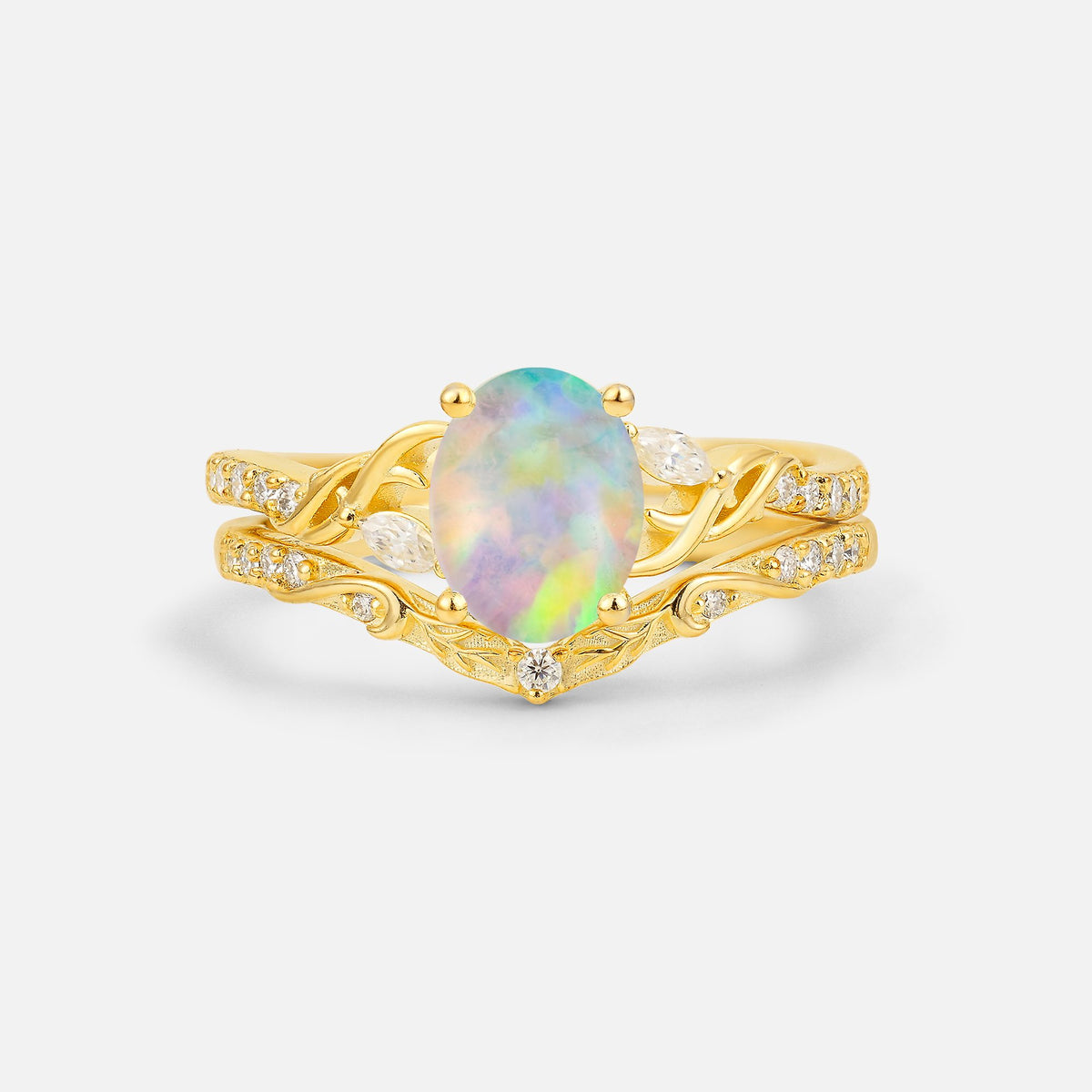 Oval Cut Fire Opal Wedding Ring Set with Leaf and Vine Detail - Yellow-Gold
