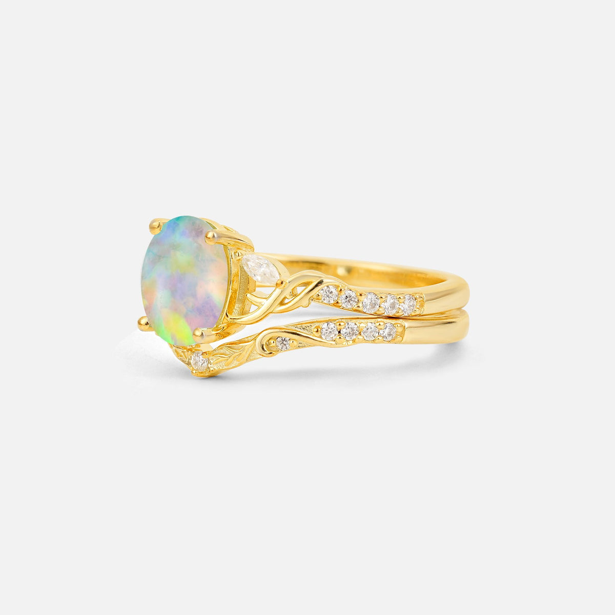Oval Cut Fire Opal Wedding Ring Set with Leaf and Vine Detail - Rose-Gold