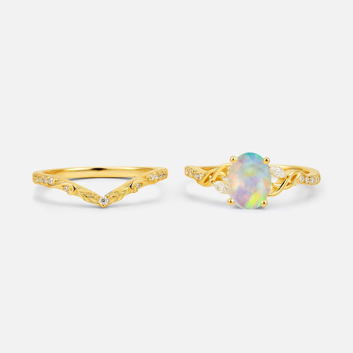Oval Cut Fire Opal Wedding Ring Set with Leaf and Vine Detail - White-Gold