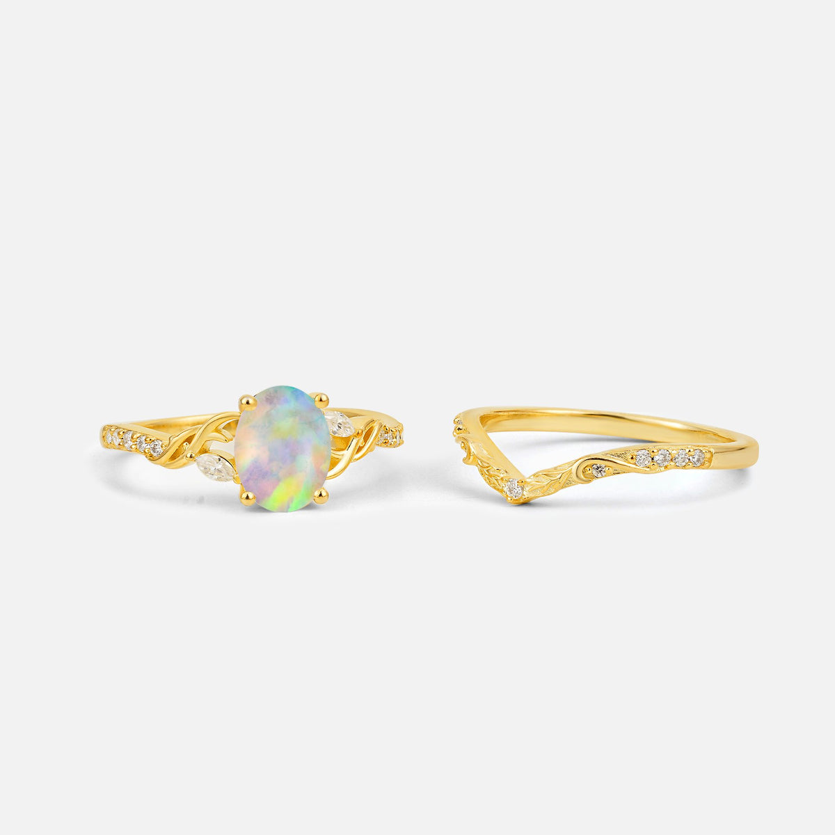 Oval Cut Fire Opal Wedding Ring Set with Leaf and Vine Detail - Additional view
