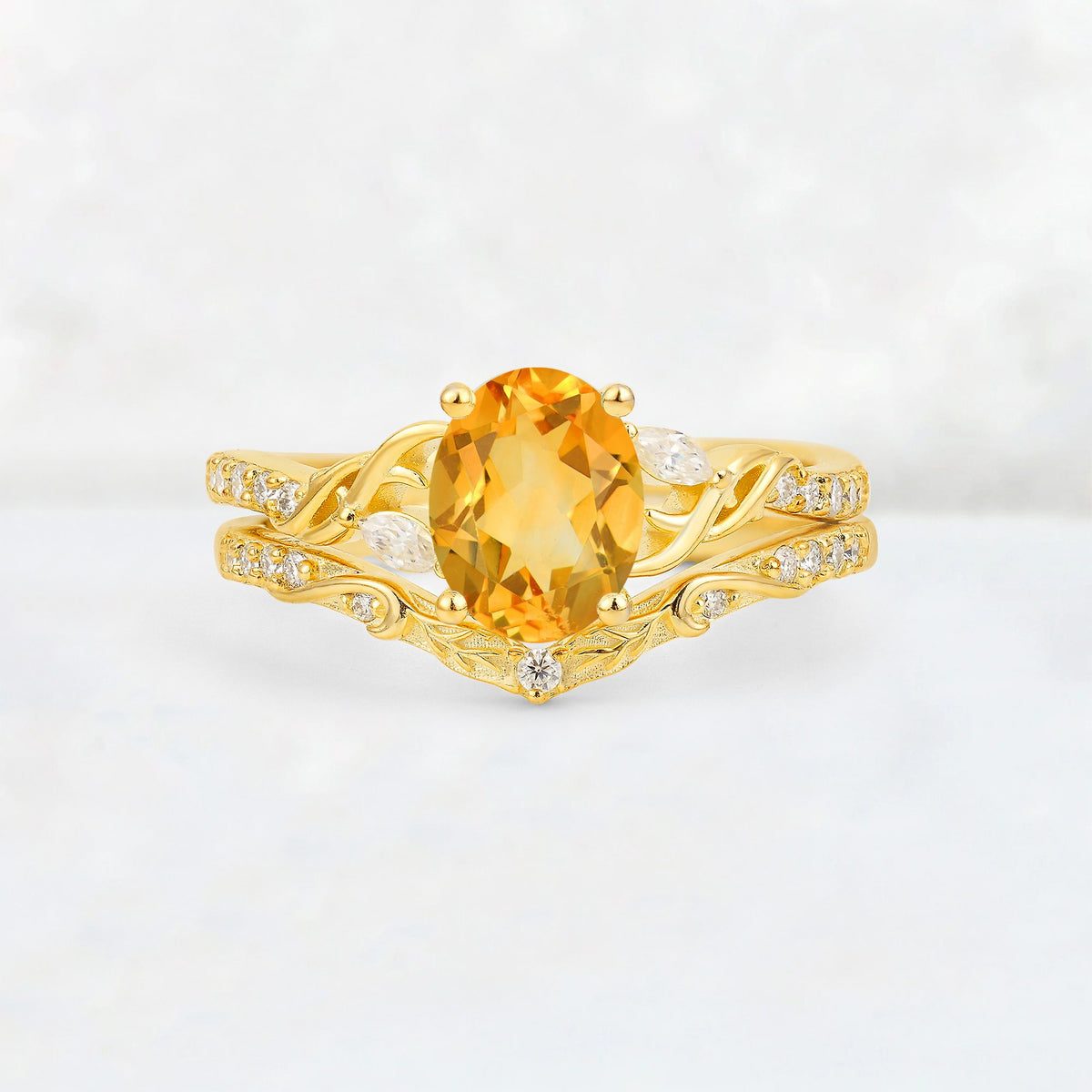Oval Cut Citrine Wedding Ring Set with Leaf and Vine Detail - Yellow-Gold