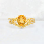 Oval Cut Citrine Wedding Ring Set with Leaf and Vine Detail - Yellow-Gold