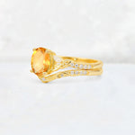 Oval Cut Citrine Wedding Ring Set with Leaf and Vine Detail - Rose-Gold