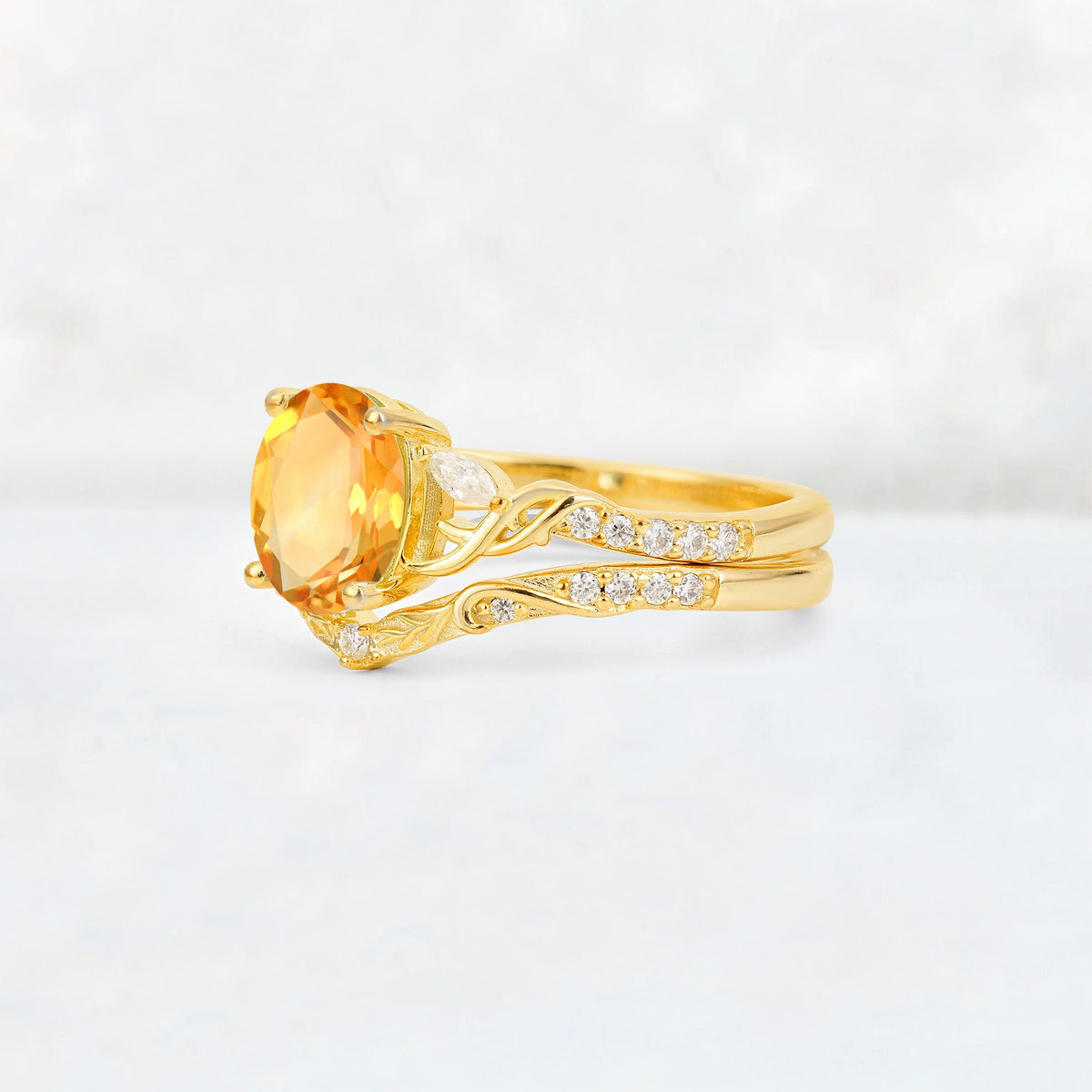 Oval Cut Citrine Wedding Ring Set with Leaf and Vine Detail - Rose-Gold