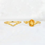 Oval Cut Citrine Wedding Ring Set with Leaf and Vine Detail - White-Gold