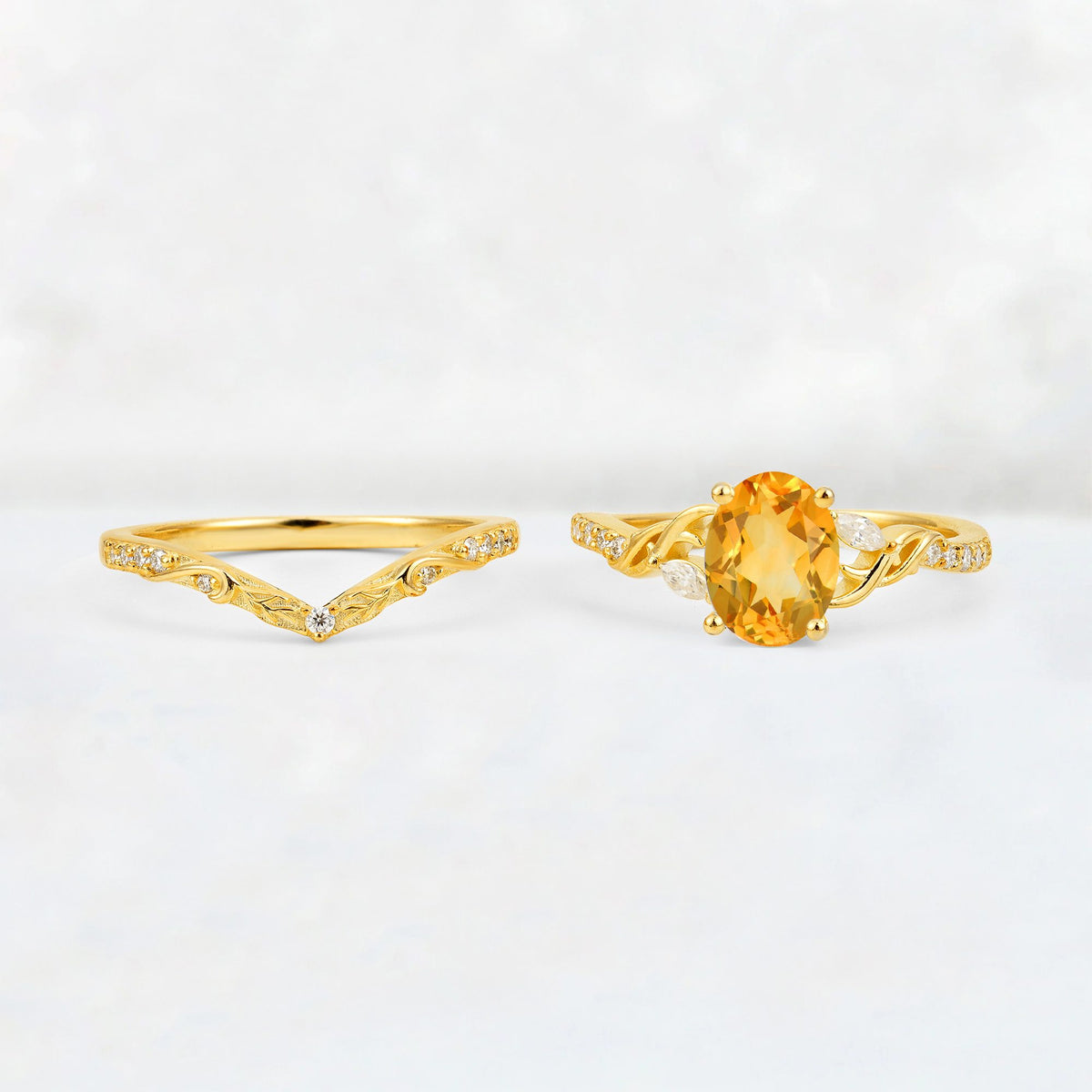 Oval Cut Citrine Wedding Ring Set with Leaf and Vine Detail - White-Gold