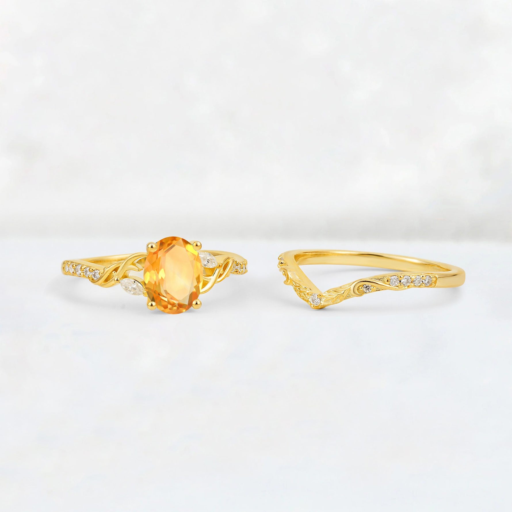 Oval Cut Citrine Wedding Ring Set with Leaf and Vine Detail - Additional view