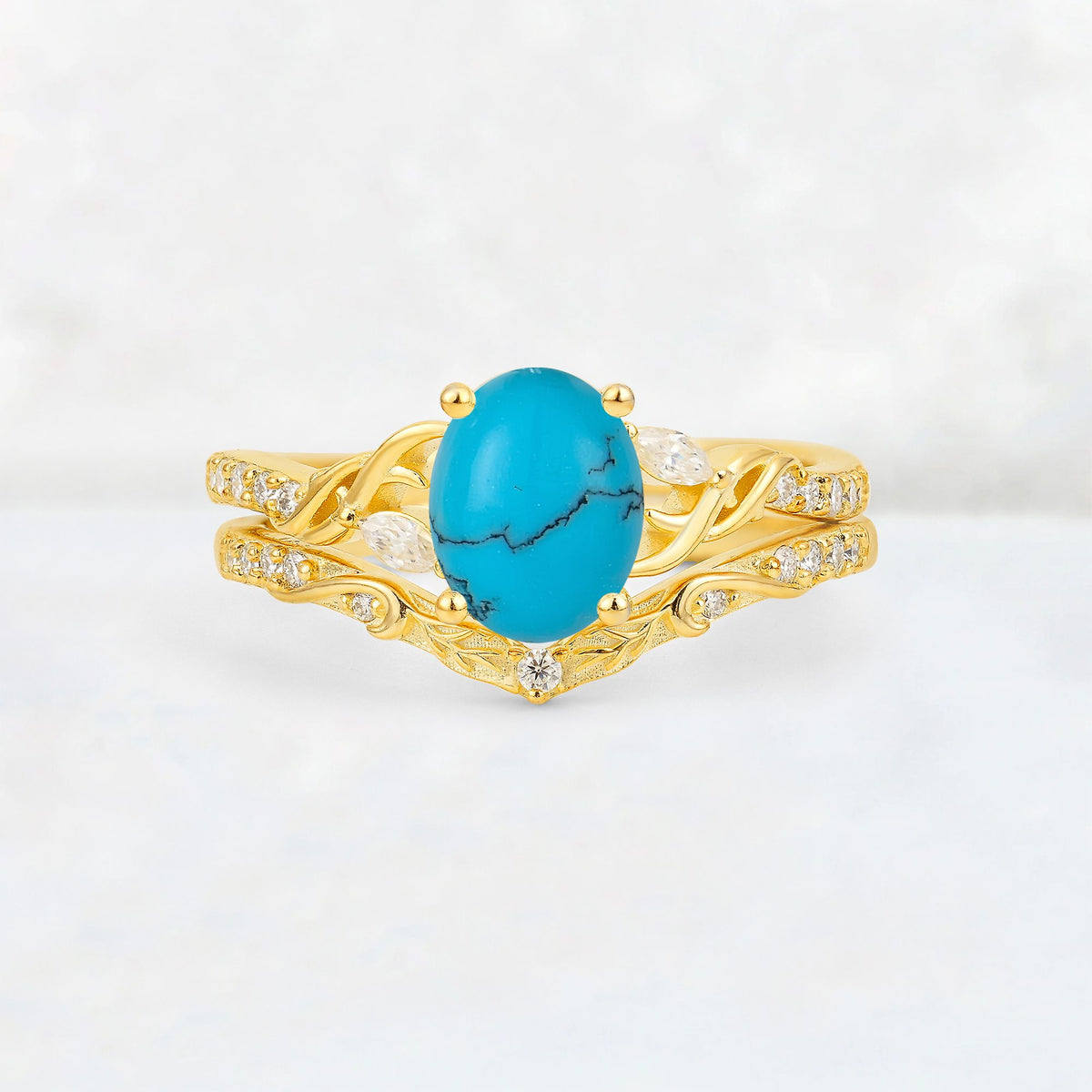 Oval Cut Turquoise Wedding Ring Set with Leaf and Vine Detail - Yellow-Gold