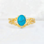 Oval Cut Turquoise Wedding Ring Set with Leaf and Vine Detail - Yellow-Gold