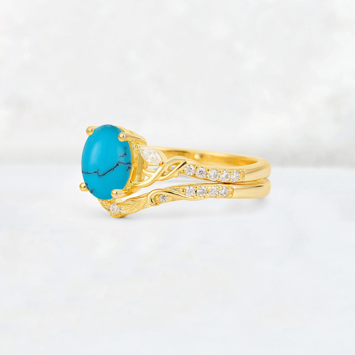 Oval Cut Turquoise Wedding Ring Set with Leaf and Vine Detail - Rose-Gold