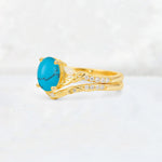 Oval Cut Turquoise Wedding Ring Set with Leaf and Vine Detail - Rose-Gold