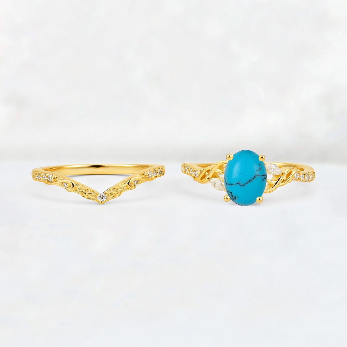 Oval Cut Turquoise Wedding Ring Set with Leaf and Vine Detail - White-Gold