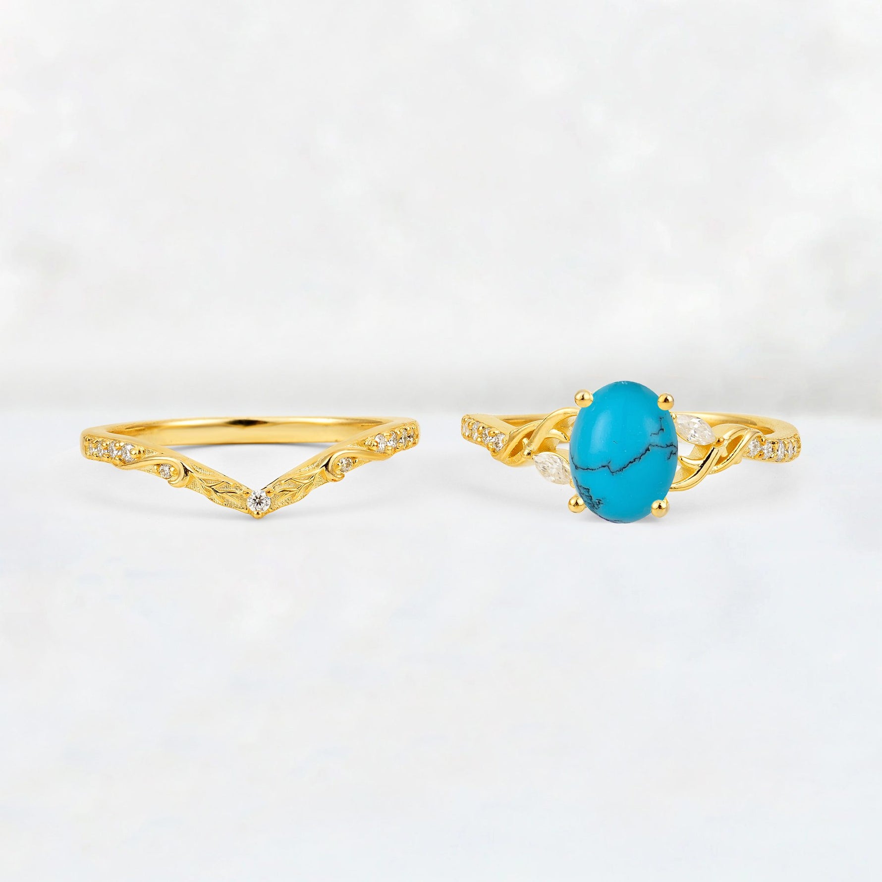 Oval Cut Turquoise Wedding Ring Set with Leaf and Vine Detail - White-Gold