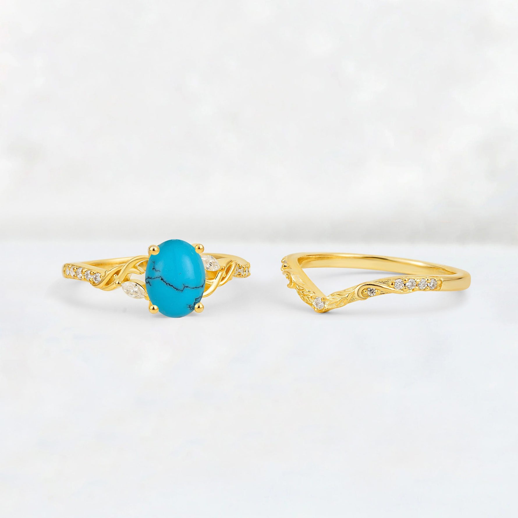 Oval Cut Turquoise Wedding Ring Set with Leaf and Vine Detail - Additional view