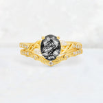 Oval Cut Black Rutilated Quartz Wedding Ring Set with Leaf and Vine Detail - Yellow-Gold