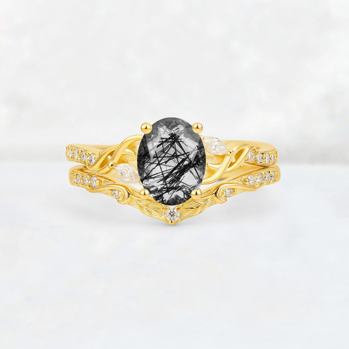 Oval Cut Black Rutilated Quartz Wedding Ring Set with Leaf and Vine Detail - Yellow-Gold
