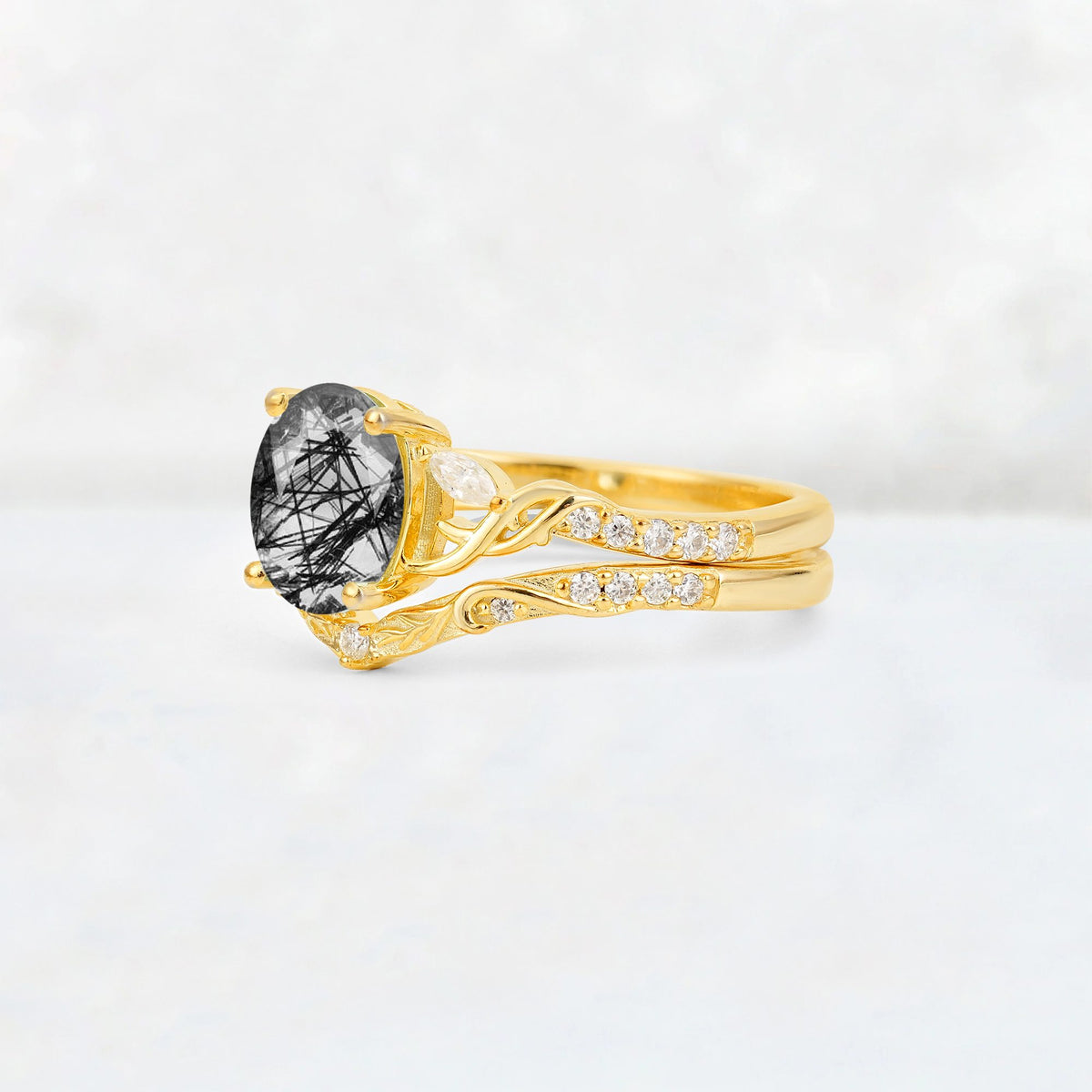 Oval Cut Black Rutilated Quartz Wedding Ring Set with Leaf and Vine Detail - Rose-Gold