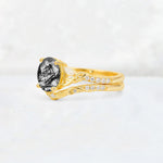 Oval Cut Black Rutilated Quartz Wedding Ring Set with Leaf and Vine Detail - Rose-Gold