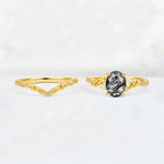 Oval Cut Black Rutilated Quartz Wedding Ring Set with Leaf and Vine Detail - White-Gold