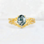 Oval Cut Moss Agate Wedding Ring Set with Leaf and Vine Detail - Yellow-Gold