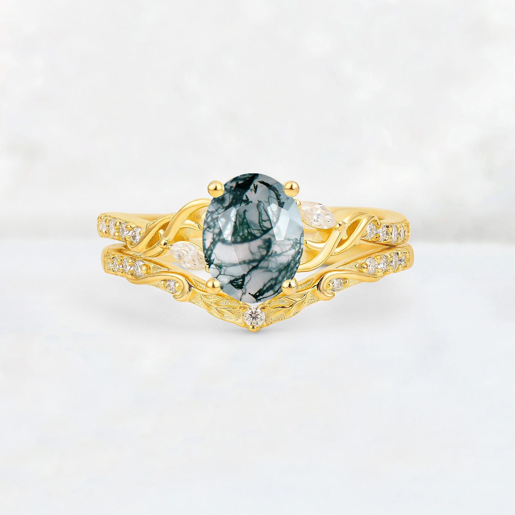 Oval Cut Moss Agate Wedding Ring Set with Leaf and Vine Detail - Yellow-Gold