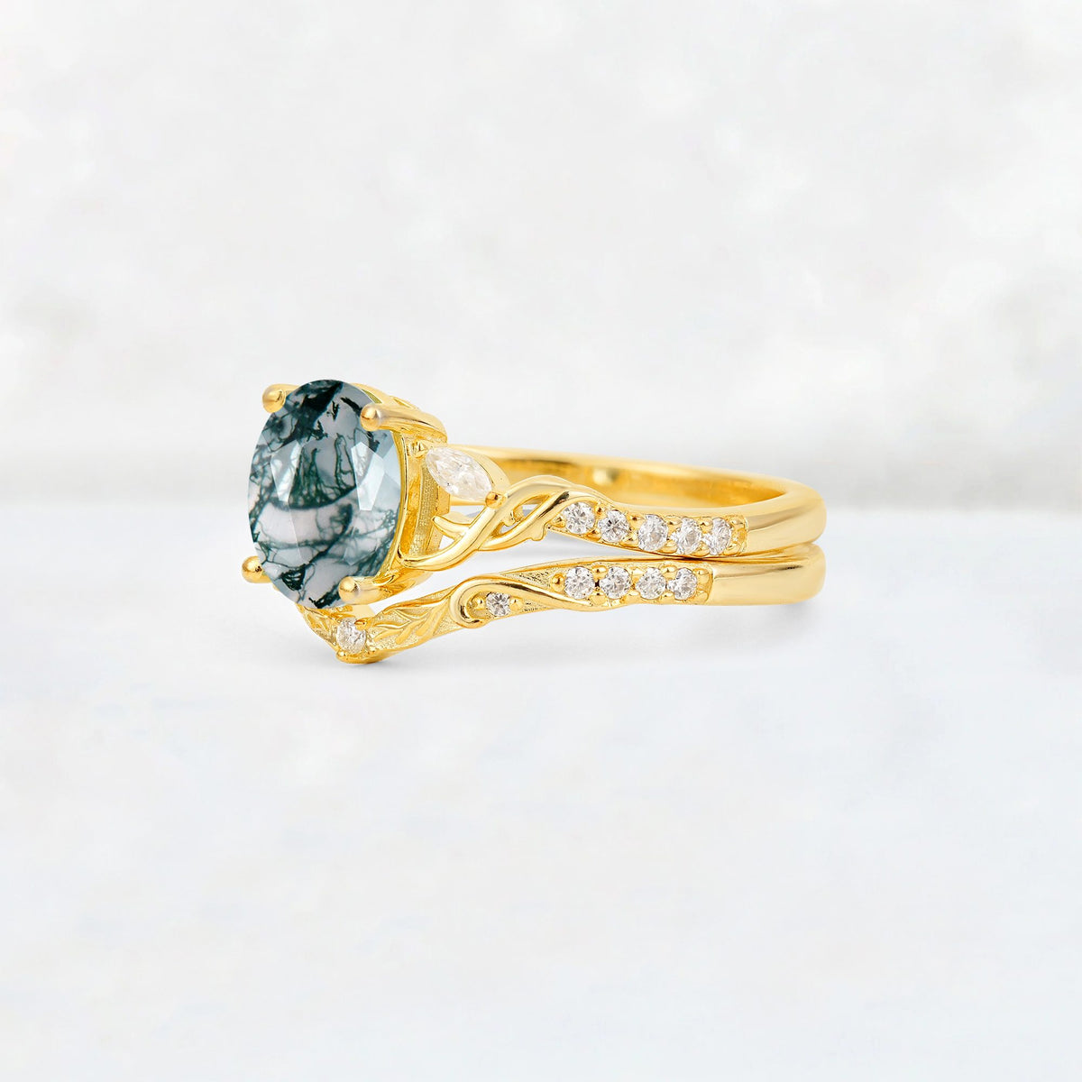 Oval Cut Moss Agate Wedding Ring Set with Leaf and Vine Detail - Rose-Gold