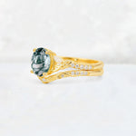 Oval Cut Moss Agate Wedding Ring Set with Leaf and Vine Detail - Rose-Gold