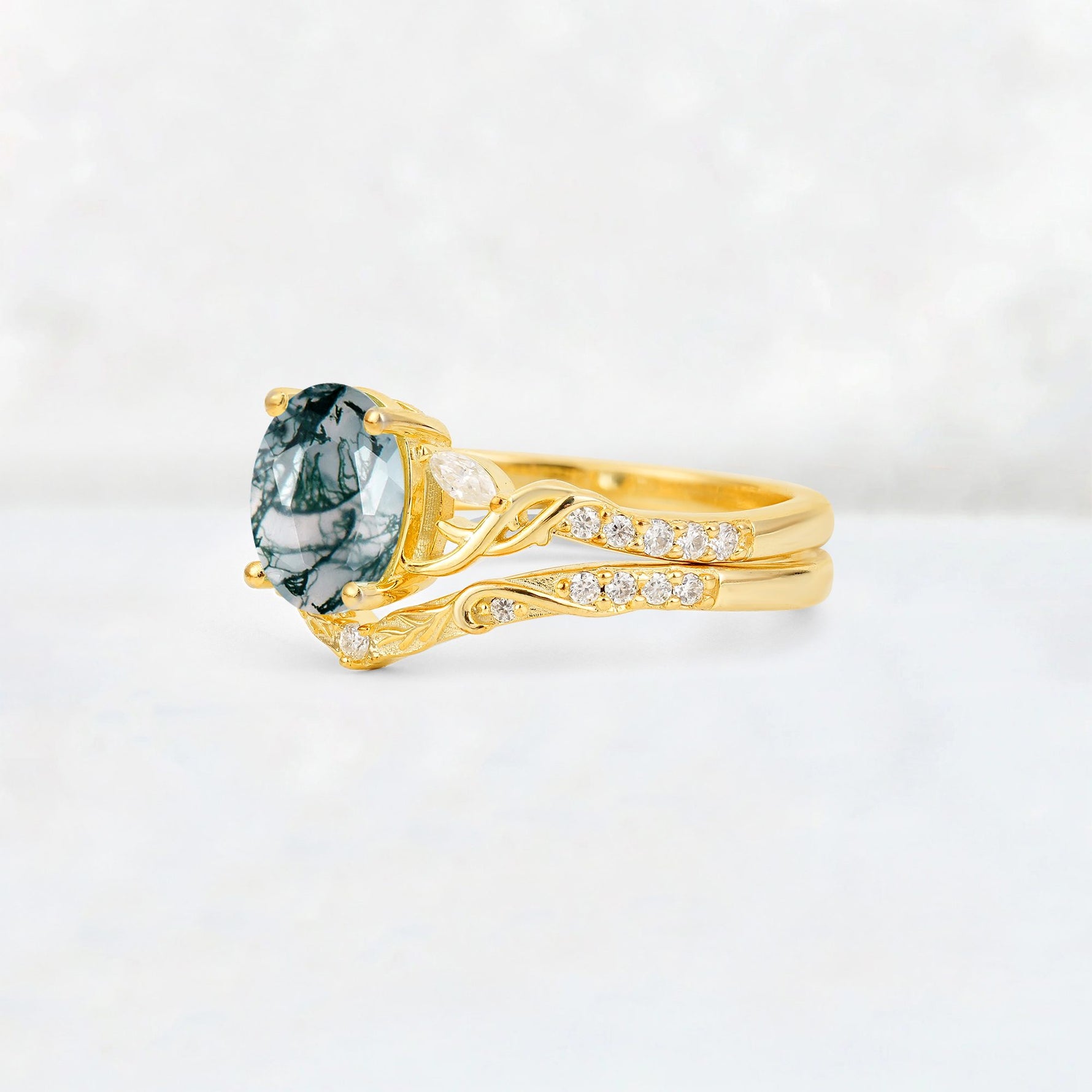 Oval Cut Moss Agate Wedding Ring Set with Leaf and Vine Detail - Rose-Gold