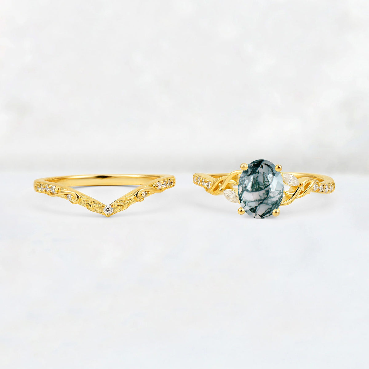 Oval Cut Moss Agate Wedding Ring Set with Leaf and Vine Detail - White-Gold
