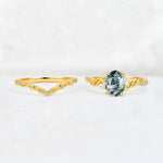 Oval Cut Moss Agate Wedding Ring Set with Leaf and Vine Detail - White-Gold