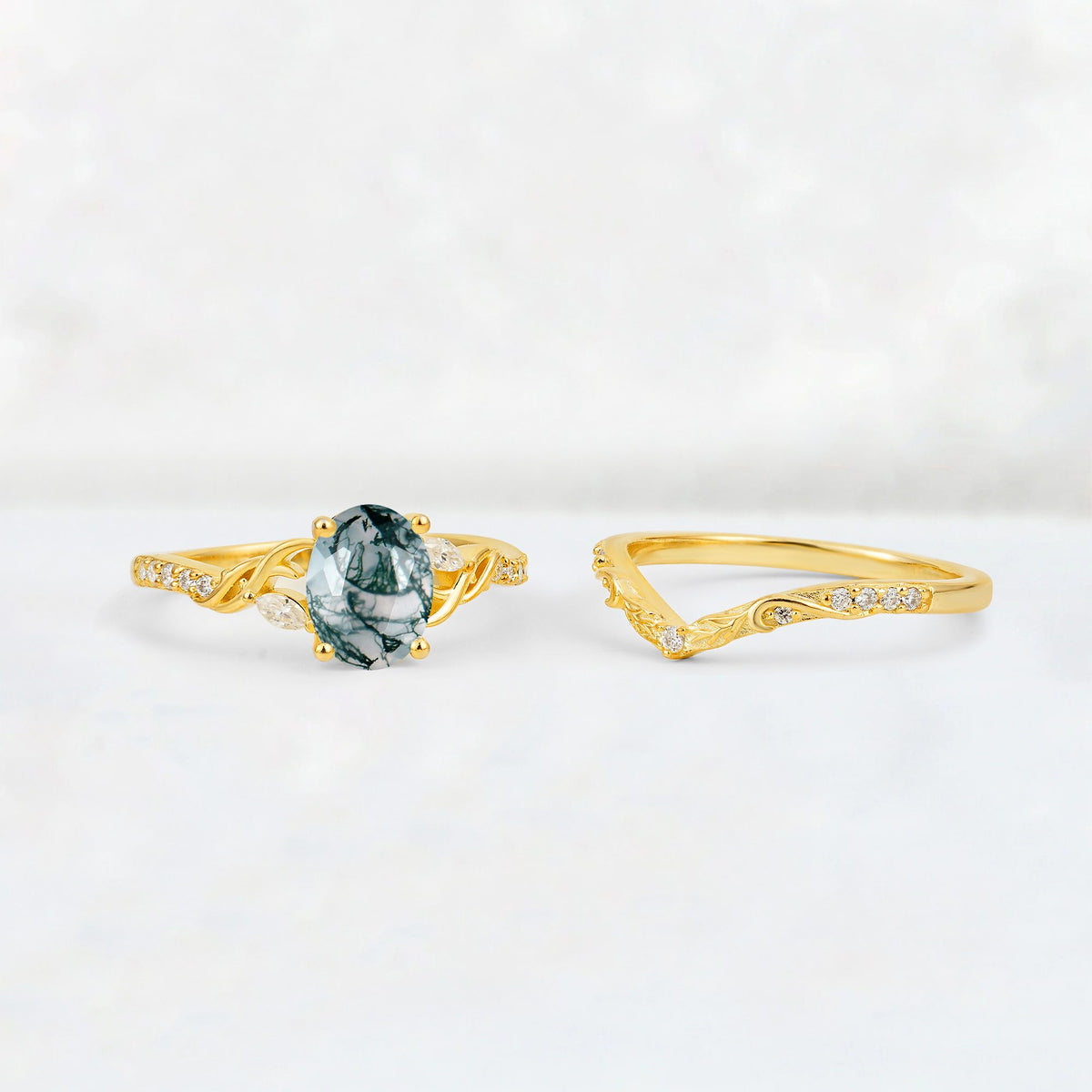 Oval Cut Moss Agate Wedding Ring Set with Leaf and Vine Detail - Additional view