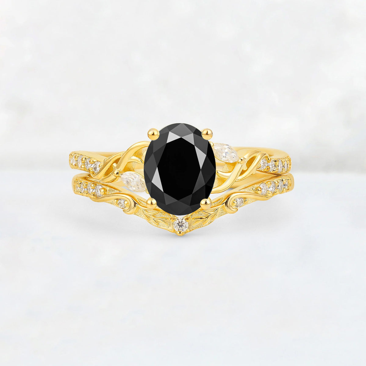 Oval Cut Black Onyx Wedding Ring Set with Leaf and Vine Detail - Yellow-Gold