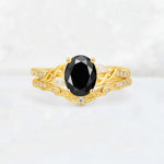 Oval Cut Black Onyx Wedding Ring Set with Leaf and Vine Detail - Yellow-Gold
