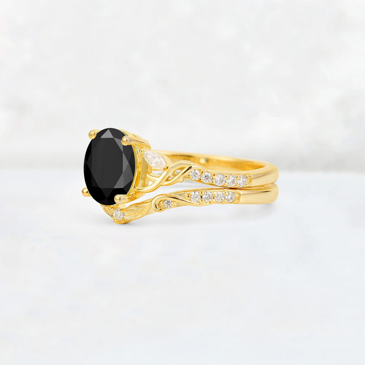 Oval Cut Black Onyx Wedding Ring Set with Leaf and Vine Detail - Rose-Gold