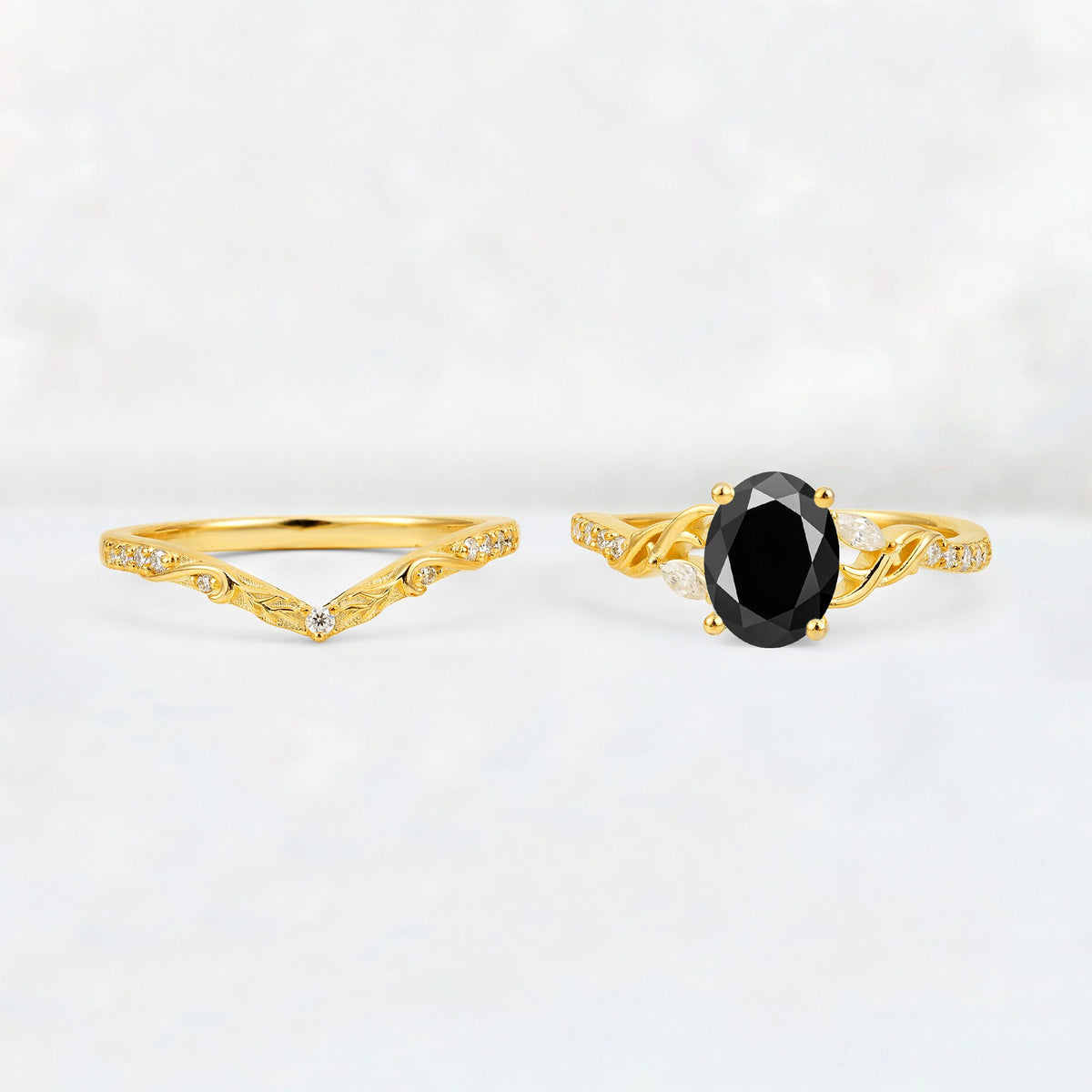 Oval Cut Black Onyx Wedding Ring Set with Leaf and Vine Detail - White-Gold