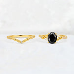 Oval Cut Black Onyx Wedding Ring Set with Leaf and Vine Detail - White-Gold