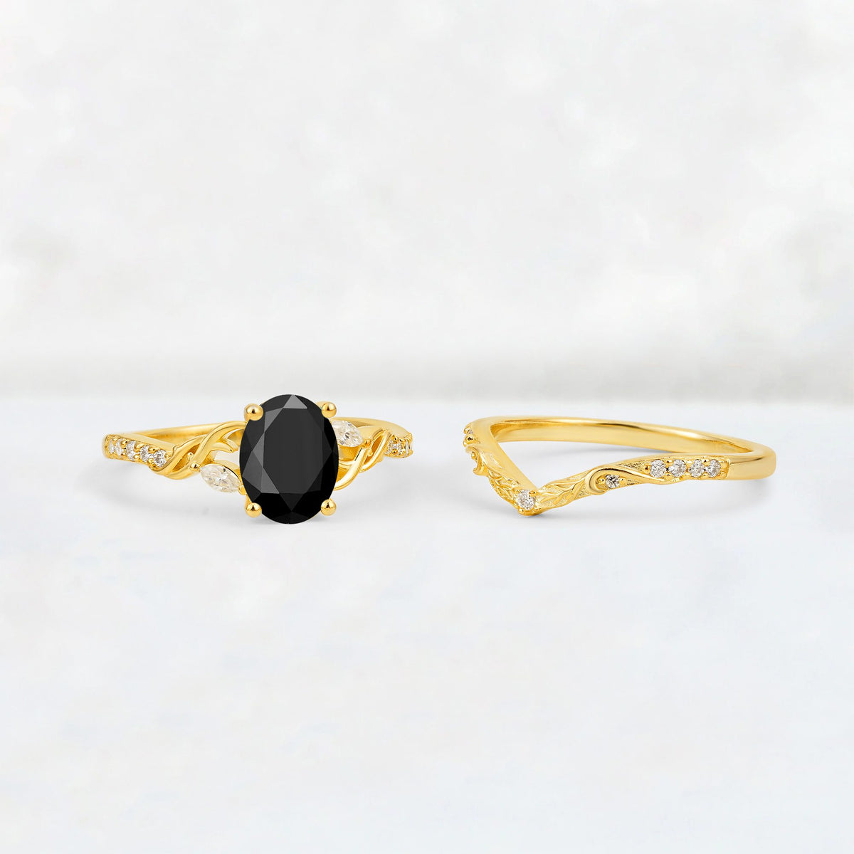 Oval Cut Black Onyx Wedding Ring Set with Leaf and Vine Detail - Additional view