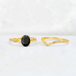 Oval Cut Black Onyx Wedding Ring Set with Leaf and Vine Detail - Additional view