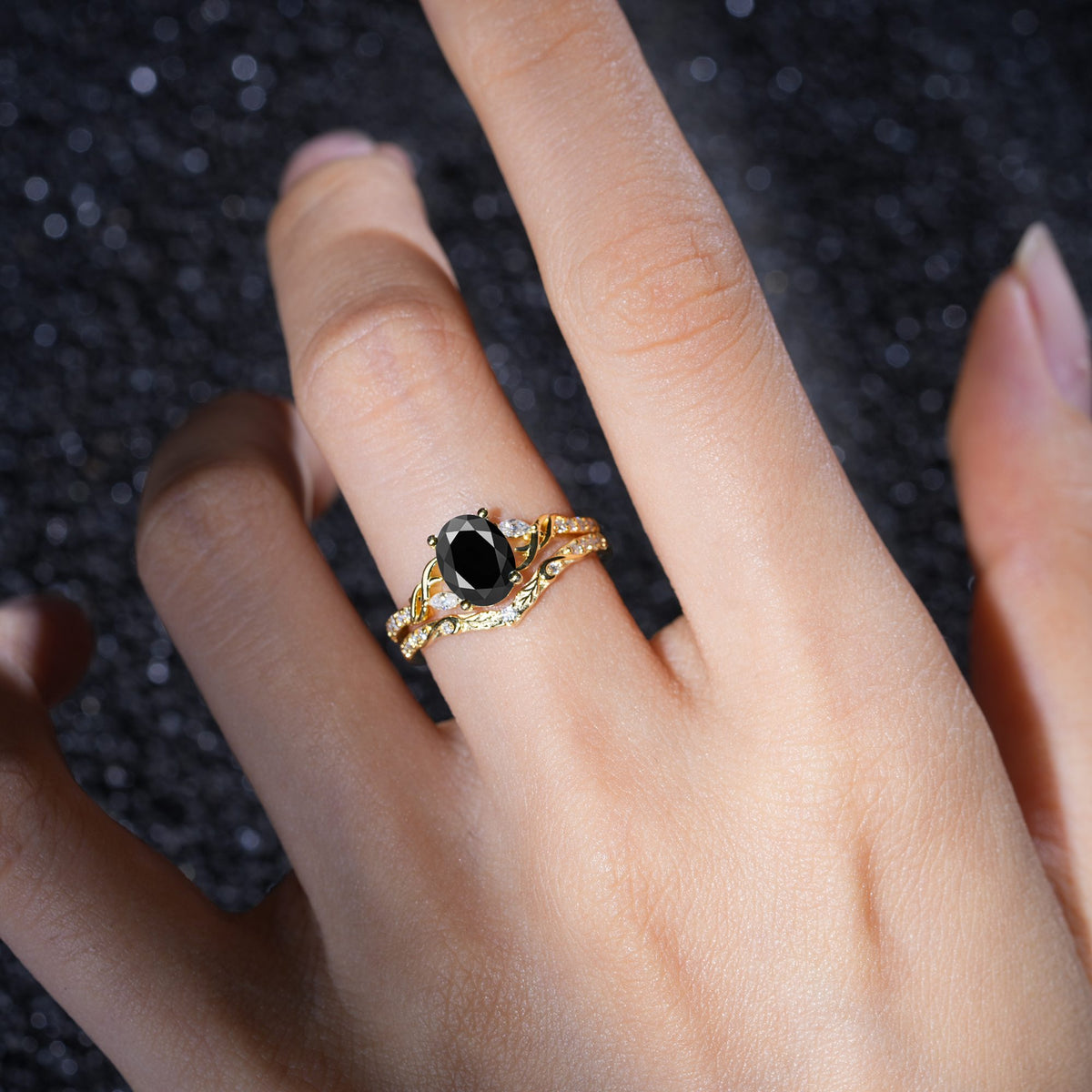 Oval Cut Black Onyx Bridal Ring Set with Leaf and Vine Detail
