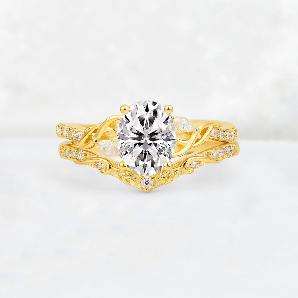 Oval Cut Lab Diamond Wedding Ring Set with Leaf and Vine Detail - Yellow-Gold