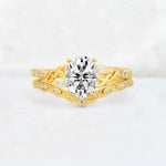 Oval Cut Lab Diamond Wedding Ring Set with Leaf and Vine Detail - Yellow-Gold