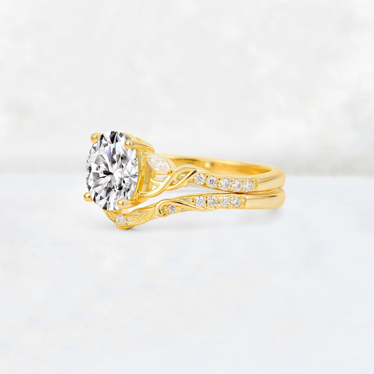 Oval Cut Lab Diamond Wedding Ring Set with Leaf and Vine Detail - Rose-Gold