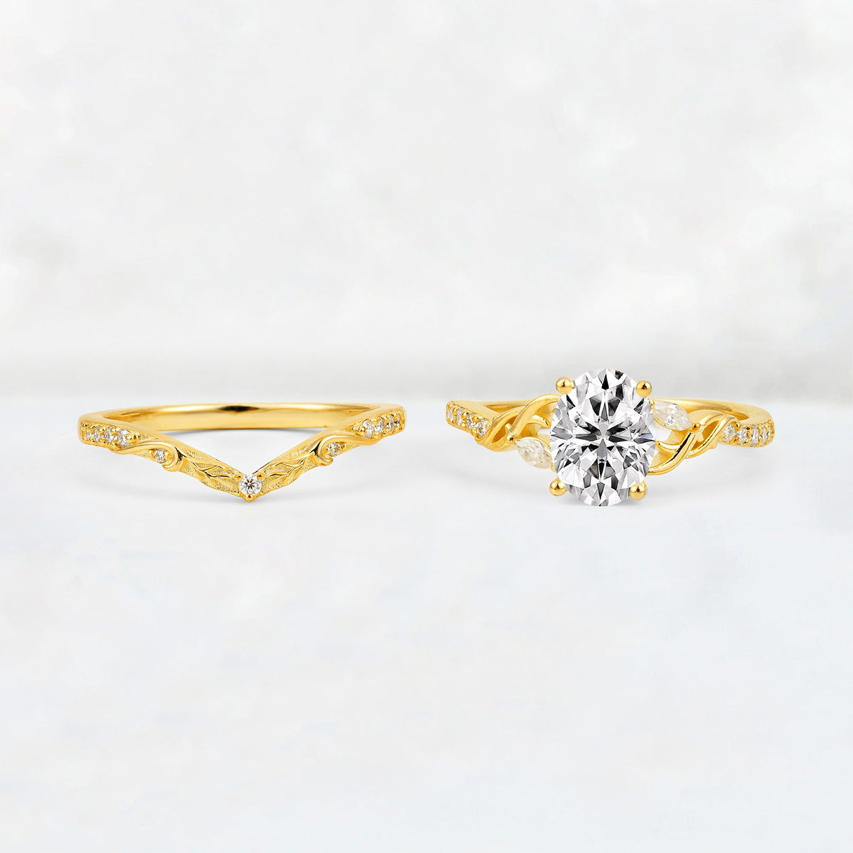 Oval Cut Lab Diamond Wedding Ring Set with Leaf and Vine Detail - White-Gold